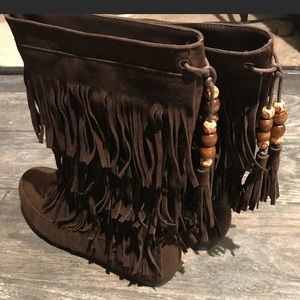 Fringe Suede Boots - Brown
